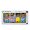 Four wooden dollhouse dolls with swarthy skin and black hair in a box, a whole family, father, mother and 2 kids